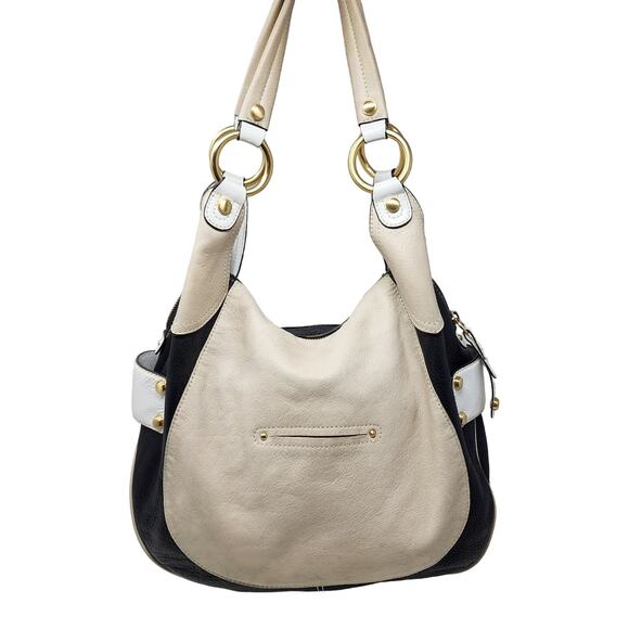B. Makowsky Large Shoulder Bag Copenhagen Leather Mixed Media Beige Black Cream - Picture 5 of 11